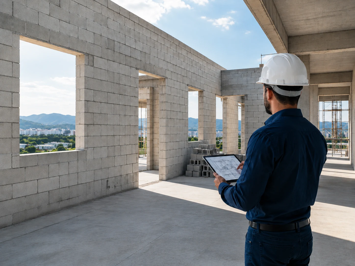 Engenheiro em obra de alvenaria estrutural