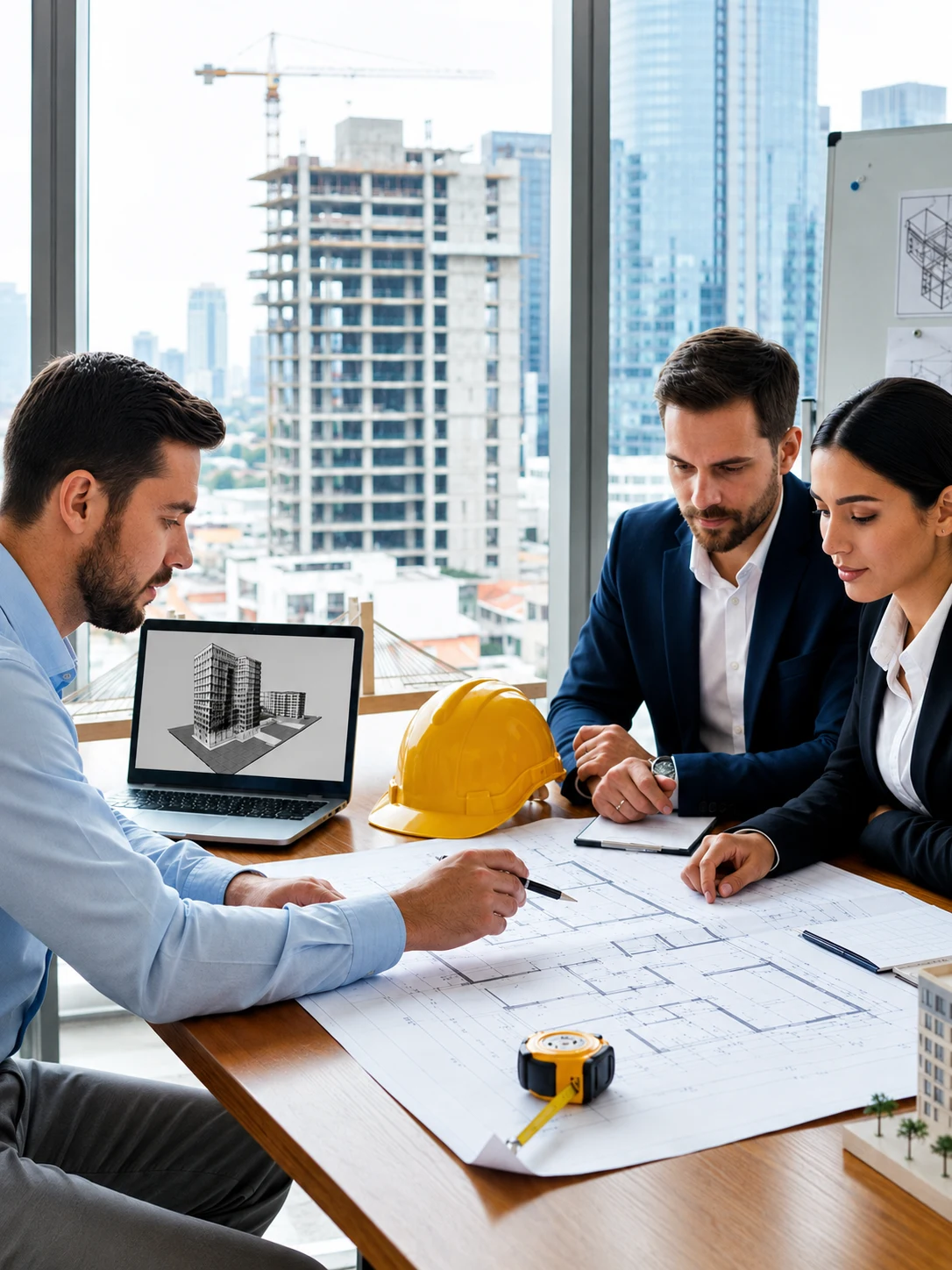 Equipe técnica analisando plantas em ambiente corporativo